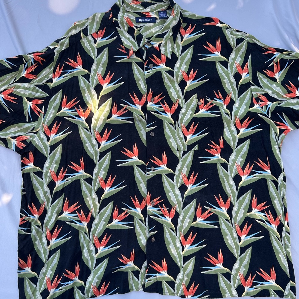 Puritan Black Shirt with Red and Green Tropical Print